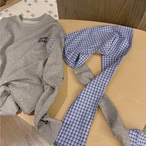 Miu Miu Gray Sweatshirt with Blue Checkered Scarf